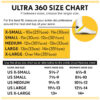Ultra 360 ankle brace size chart with ankle circumference measurements and men’s and women’s shoe-size ranges.